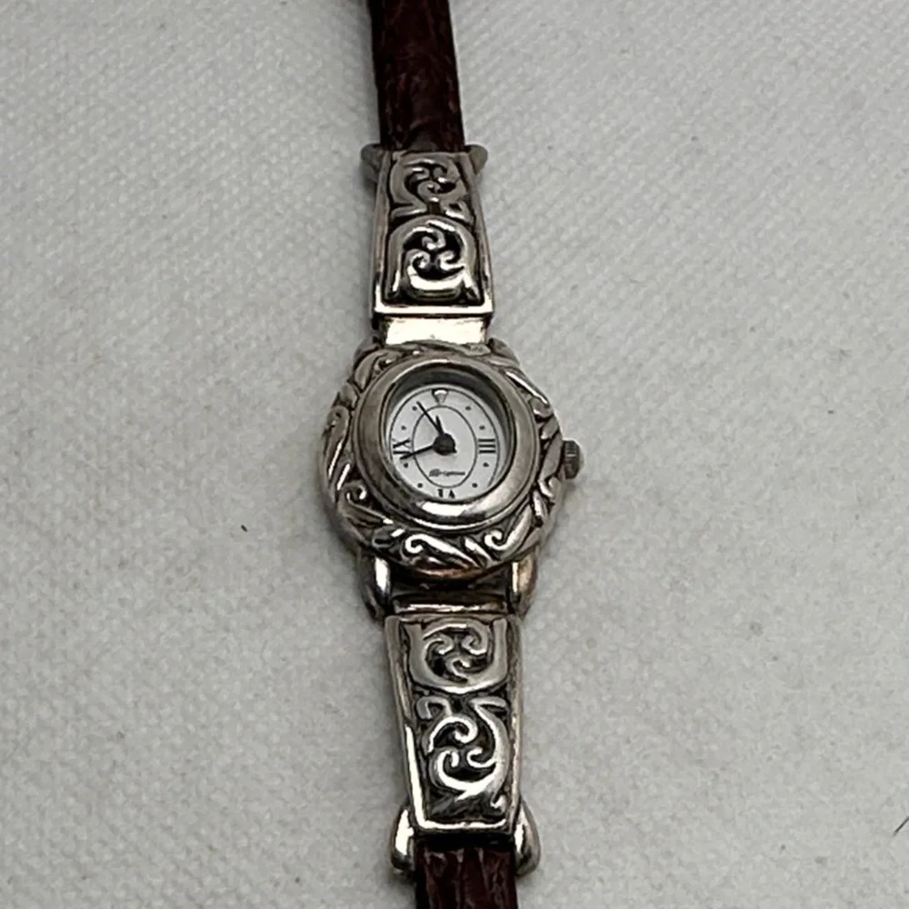 Brighton Silver Watch with Dark Brown Leather Strap